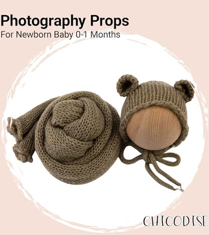 Baby Photography Props Infant Boy Girl Outfits - Crochet Knit Mohair Wrap Blanket & Bear Hat for Newborn Photo Shoots (Brown) - color: Brown