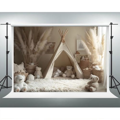 YongFoto Bear Theme Backdrop 7x5ft Tent Blanket Pampas Boho Photography Background Baby Shower Cradle Ceremony Kid Birthday Party Banner Baby Portraits Photoshoot Wallpaper Photo Studio Booth Prop - color: Style 5, size: 7ftx5ft