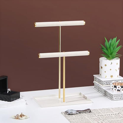 2 Tier Necklace Bracelet Holder Stand, Multi-Use Jewelry Display Organizer with Metal Tray, Velvet T-Bar Metal Necklace Organizer Stand, Jewelry Hanger Tower Rack for Men Women (Gold 12" Tall) - color: Gold