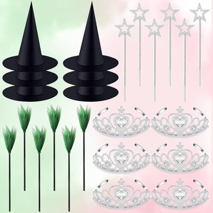 24 Pcs Witch Hats Glitter Star Wands Princess Crowns Set Black Wizard Hats Sparkling Princess Accessories - color: Green