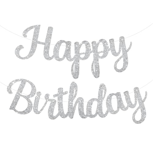 Silver Happy Birthday Banner, Pre-Strung Glitter Silver Birthday Sign, 10 Feet, NO DIY, Happy Birthday Garland for Women Men Birthday Party Decorations Supplies - color: Silver