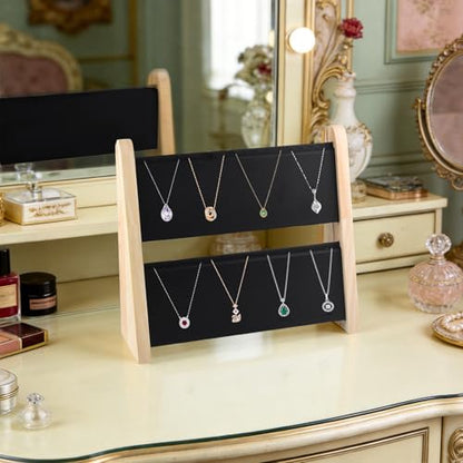 10.2'' x 10.7'' x 12.2'' Double-Deck Folding Wood Necklace Display Stand with Leather Mat Tabletop Jewelry Stand Storage (Black) - color: Black