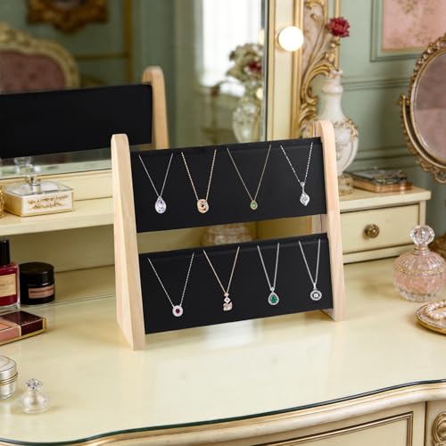 10.2'' x 10.7'' x 12.2'' Double-Deck Folding Wood Necklace Display Stand with Leather Mat Tabletop Jewelry Stand Storage (Black) - color: Black