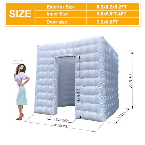 Inflatable Photo Booth Enclosure, 8.2 x 8.2ft Portable 16 Colors LED Dimmable Shooting Photobooth Tent Kit with 2 Doors and Inner Air Blower, Remote Controller, Carry Bag
