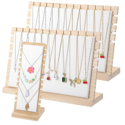 3 Pcs Necklace Display Stands for Selling, Bamboo Necklace Holder with PU Leather Panel Beige Multi-Tiered Jewelry Display Storage Set for Vendors and Home (11.8x7.9x3.3 Inch/10.6x3.9x3.7 Inch)