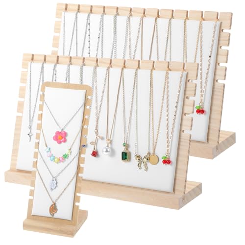 3 Pcs Necklace Display Stands for Selling, Bamboo Necklace Holder with PU Leather Panel Beige Multi-Tiered Jewelry Display Storage Set for Vendors and Home (11.8x7.9x3.3 Inch/10.6x3.9x3.7 Inch)