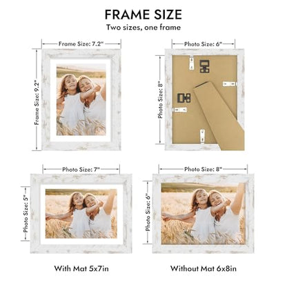 Hongkee 6x8 Picture Frame with Glass, Display Pictures 5x7 with Mat or 6 x 8 without Mat - Wall and Tabletop, 6 by 8 Photo Wooden Frames (Distressed White, 1 Pack) - color: Distressed White, size: 6X8 in