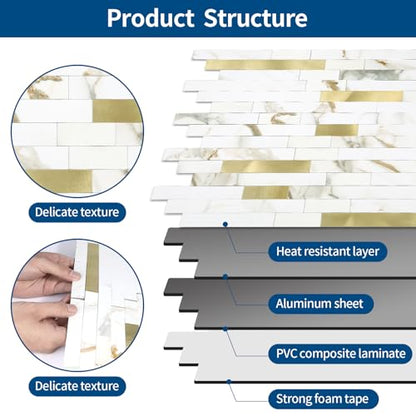 10 - Sheet Peel and Stick Backsplash Wall Tile, PVC Kitchen Backsplash, Stick on Tiles for Backsplash Kitchen (12'' X 12'', White with Gold) - color: White With Gold