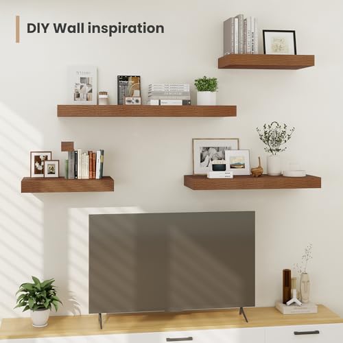 Heimlove 12" Deep Floating Shelves, 36 x 12 Inch Wall Mounted Long Floating Shelf with Invisible Brackets, for Home Decor, Bedroom, Kitchen, Living Room, Bathroom - 2 Pack, Walnut - color: Walnut, size: 36"W x 12"D x 2"H, Set of 2