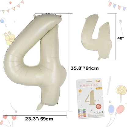 CARGEN 40 Inch Creamy White Number 4 Balloon, Large Beige Foil Mylar Digital 0-9 for Birthday Decorations, Boho Neutral Party Supplies, Wedding Anniversary Photo Props, Helium or Air Fill - style: Number 4