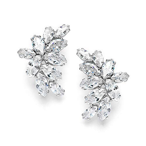Mariell Clip-On Cubic Zirconia Crystal Bridal Earrings, Marquise Shape CZ Curved Clusters, Women Earrings for Wedding, Bridesmaids, Homecoming, Mother of the Bride - color: Silver Clip On