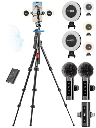 USKEYVISION Vlogging Kit for iPhone&Android w/Fill Light,Remote&Wireless Microphones,YouTube Starter Kit Content Creator Essentials,Auto Face Tracking Camera Mount Tripod for TikTok Video Recording - style: Vlogging Kit-B