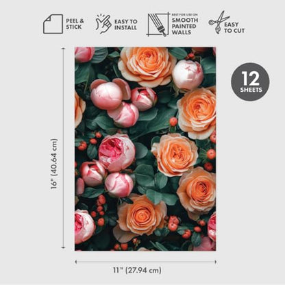 Main Street Peel and Stick Wallpaper Eco-Friendly Sheets 12 Pack, 11 X 16 Inch Fresh Roses Design, Wall Mural for Home Decor, Removable Wall Decor Wallpaper Peel and Stick for DIY Projects - style: Fresh Roses Design