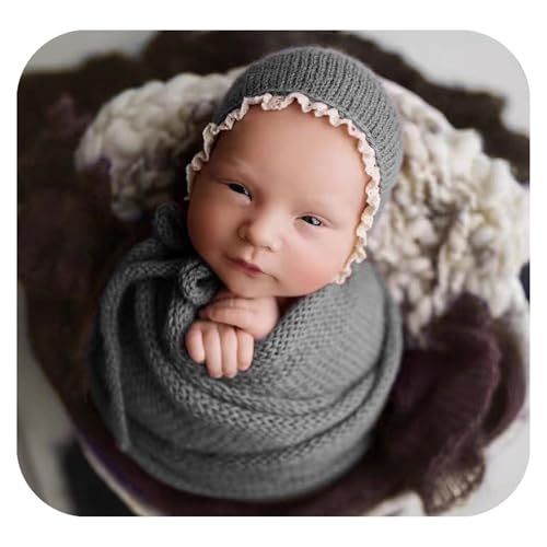 Coberllus Newborn Baby Photography Props Wrap Knitted Blanket Swaddle & lace Edge Bonnet for Boys Girls Photo Shoot Wrap Prop (Grey) - color: Grey