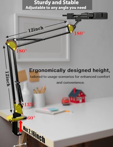 Overhead Phone Mount, Articulating Arm Cell Phone Holder with LED Light, Flexible Phone Stand for Live Streaming, Video Recording, Painting Lighting, Cooking
