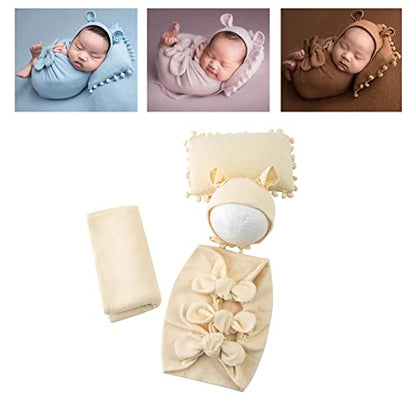 Newborn Baby Boy Girl Photography Props Bow Wrap, Posing Aid, Hat and Blanket Set of 4 Pcs - color: Creamy White