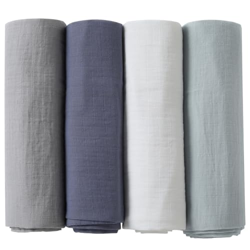 POMISO Muslin Swaddle Blankets for Boys & Girls, Newborn Receiving Blankets, 4 Pack Soft Breathable Baby Swaddles, Large 47x47 Inches, Grey Blue White Green - color: Grey Blue White Green