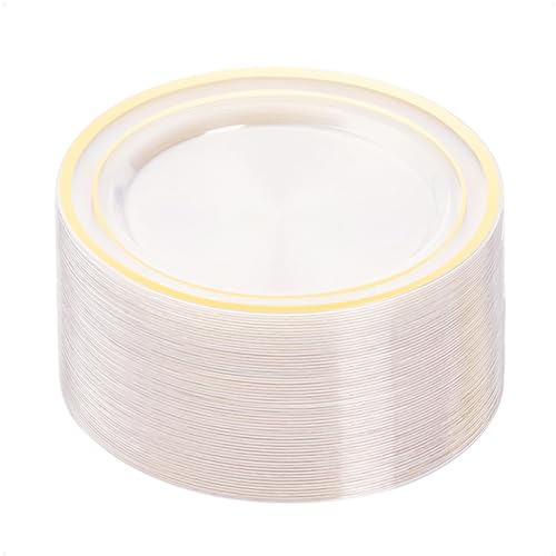 BESTVIP 50PCS Clear Gold Plastic Plates, 10.25 Inch Disposable Dinner Plate Party with Gold Rim, Heavy Duty Disposable Plastic Plates for Christmas, Thanksgiving, Party, Wedding and Birthday - color: Clear Gold, size: 50PC