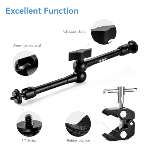 UTEBIT 11" Adjustable Magic Arm with Super Clamp, 360 Ball Heads with ARRI 1/4" & 3/8" Thread Screw for Flash/LED Light/Microphone/Monitor, Compatible with SmallRig Camera Cage, Max Load: 4.4lb/2kg - size: 11inch