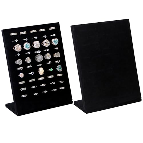 Ring Display Stand, Velvet Ring Holder, 50 Slots Rings Organizer Jewelry Display Tray, L-Shaped Jewelry Organizer Stand for Rings Earrings Selling (2, Black) - color: Black