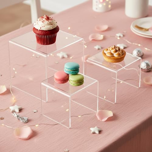 Chuangdi 2 Sets Acrylic Display Risers, Product Stand, Jewelry Display Riser Shelf Showcase Fixtures for Dessert Cupcake Candy Figure Treat Action Showcase(Clear,Medium Set) - color: Clear, size: Medium Set