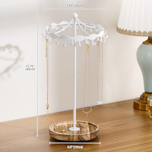 Lolalet Rotating Necklace Holder Stand with Metal Hooks, Spinning Display Carousels, Freestanding Organizer Hanger, for Long Necklaces Chains -White - color: White