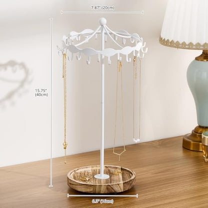 Lolalet Rotating Necklace Holder Stand with Metal Hooks, Spinning Display Carousels, Freestanding Organizer Hanger, for Long Necklaces Chains -White - color: White