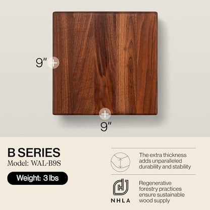 John Boos B Series Square Wooden Walnut Cutting Board 9”x9” – 1.5” Thick, 3-lb Non-Reversible Butcher Block with Wood Bun Feet & Edge-Grain - color: Walnut with Wood Feet, size: 9"L x 9"W