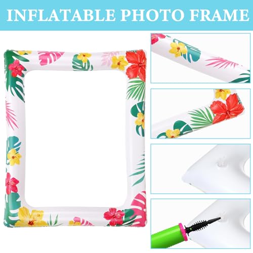Hawaiian Party Photo Booth Props Kit, 30 PCS Luau Photo Booth Props with Large Inflatable Selfie Picture Frame for Hawaiian Tropical Tiki Summer Pool Party Supplies - size: Hawaiian Inflatable Frame