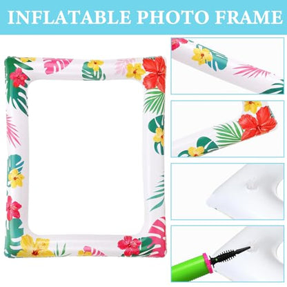 Hawaiian Party Photo Booth Props Kit, 30 PCS Luau Photo Booth Props with Large Inflatable Selfie Picture Frame for Hawaiian Tropical Tiki Summer Pool Party Supplies - size: Hawaiian Inflatable Frame