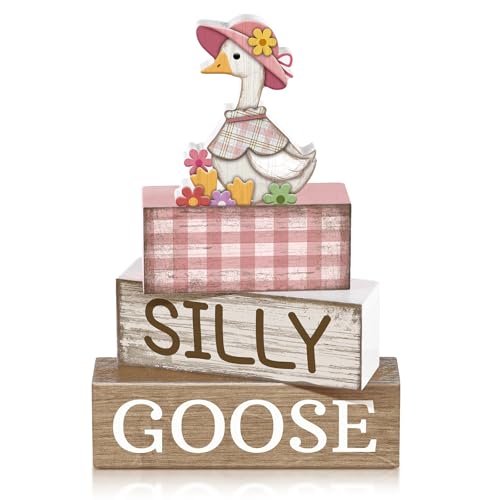 Yuntau 4 Pcs One Silly Goose Birthday Party Decoration Wood Silly Goose Table Sign Pink Baby Shower Tiered Tray Decor Tabletop Centerpieces for First Birthday Baby Shower Home Shelf Office - style: Goose