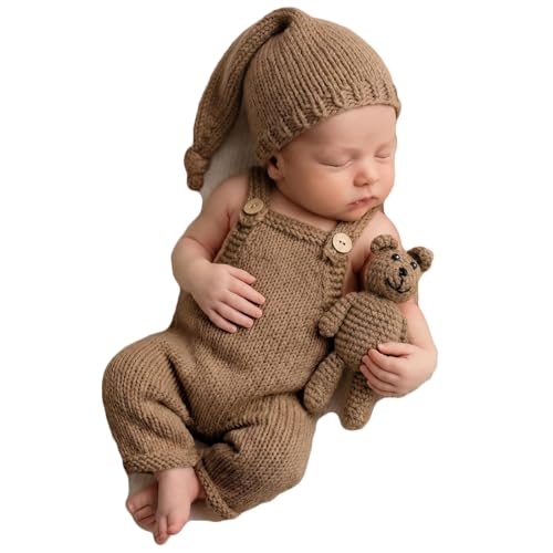 Newborn Photoshoot Outfits Crochet Bear Hat & Romper Set for Baby Boys Girls - Handmade Photo Props Outfits - color: Camel