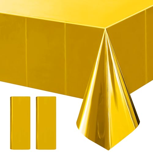 Just Shimmer 2pcs Gold Foil Tablecloth 54 * 72 Inch Plastic Wedding Birthday Party Table Cloths Waterproof Disposable Table Cover for Christmas Graduation Elegant Event Anniversary Party Supplies - color: Golden
