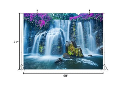 BELECO 8x6ft Fabric Waterfall Landscape Backdrop Forest Mountain Falls Lake Blooming Flowers Natural Scenery Photography Background Wallpaper Children Kids Adults Portrait Photo Shoot Studio Props - size: 8x6FT