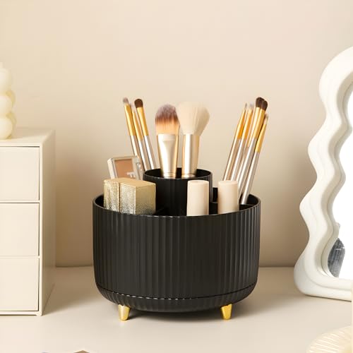Makeup Brush Holder Organizer,360° Rotating Makeup Brush Organizer,5 Slot Make up Brushes Cup for Cosmetics, Nail Polish, Art Supply, Bathroom Vanity Desktop Organizer - Black - color: Black