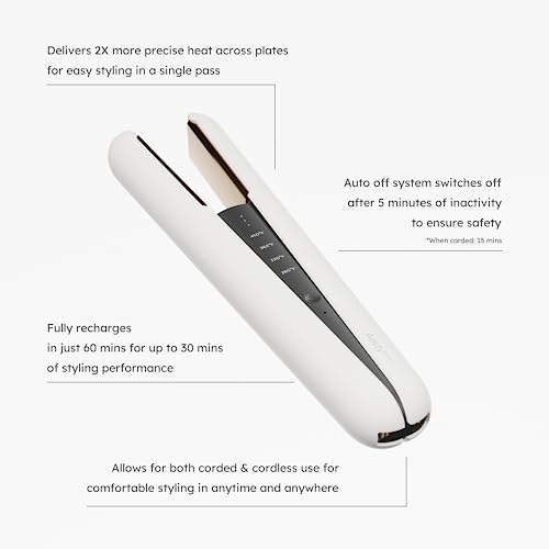 Aesty Dual Heater Titanium Flat Iron w/Charging Cradle - Professional Cordless Styler, Wireless Premium Straightener, Portable Tool for All Hair Types, 1-Pass Styling, Straightening and Curling - color: White, size: 1. Flat Iron & Charging Cradle
