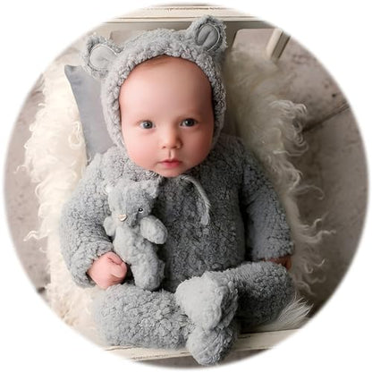 Zeroest Newborn Photography Props Boy Outfits Bear Baby Girl Photo Props Outfits Hat Footed Romper Sleeved Set for Photoshoot - color: Gray