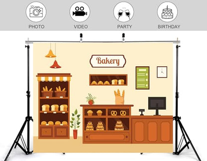 10x5ft Cartoon Bakery Shop Counter Backdrop Hanging Lamp Bread Shelf Photography Background Warm Inviting Baking Party Home Decor Photo Booth Decorations Banner Photo Studio Props - size: 10x5ft