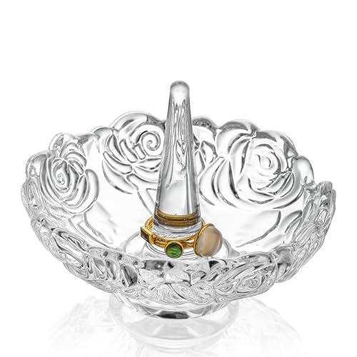 H&D HYALINE & DORA 4”Clear Crystal Ring Holder,Round Glass Ring Dish,Jewelry Rack Ring Holder for Wedding,Jewelry Display Gifts for Mom Wife Girlfriend - color: Round