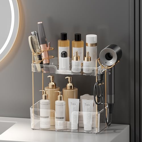 shuang qing 2 Tier Bathroom Counter Organizer with Hair Dryer Holder, Hair Tool Countertop Storage, Cosmetics Skincare Shelf Organizer, Makeup Organizer Perfume for Dresser Vanity Tray - White - color: Lvory White, size: New-2 Tier