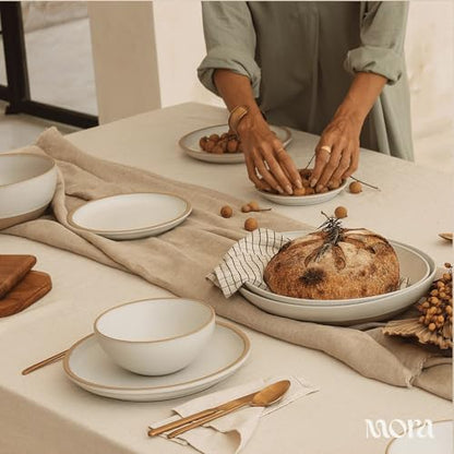 MORA Medium Plates Set of 4, 8.5 inch Ceramic Pottery Salad Plates - Microwave, Oven and Dishwasher Safe - Oat - color: Oat