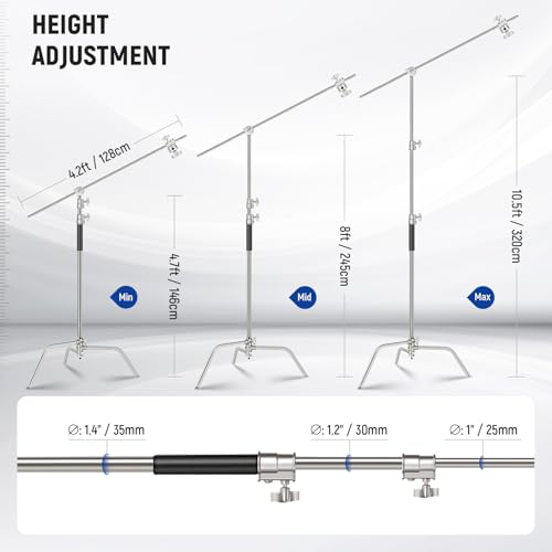 NEEWER Basics 100% Stainless Steel Heavy Duty C Stand with Boom Arm, Max 10.5ft/320cm Photography Light Stand, 4.2ft/128cm Holding, 2 Grip Heads for Studio Monolight Softbox Reflector, SC320 Lite