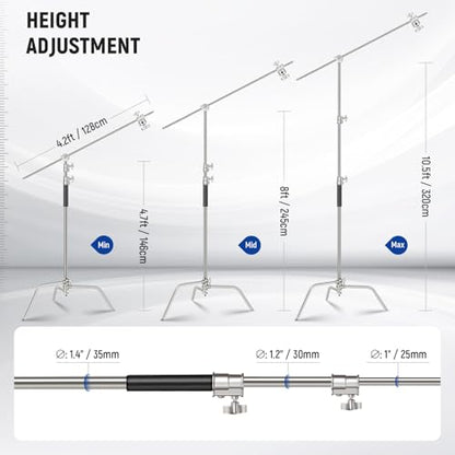NEEWER Basics 100% Stainless Steel Heavy Duty C Stand with Boom Arm, Max 10.5ft/320cm Photography Light Stand, 4.2ft/128cm Holding, 2 Grip Heads for Studio Monolight Softbox Reflector, SC320 Lite