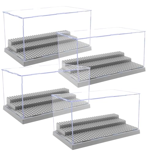 Minifigure Display Case for Action Figures Blocks, Dustproof Acrylic Display Box Storage with 3 Movable Steps for Collection Models Minifigures, Bricks Blocks Toys - color: Grey, size: Large 4 Pack