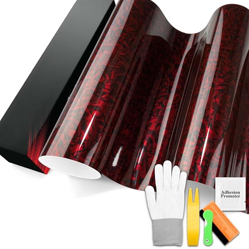 PET Marble Forged Carbon Fiber Textured Gloss Red Vinyl Wrap Auto Car Sticker Decal Film Sheet Bubble Free Air Release Technology with Tool Set 5FTx10FT - size: 5FT x 10FT