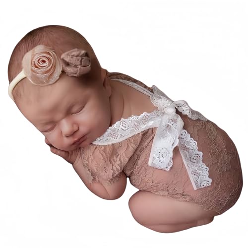 Baby Photography Props Outfit Lace Rompers Newborn Girl Photo Shoot Outfits Flower Headband Princess Costume - color: Lotus Color