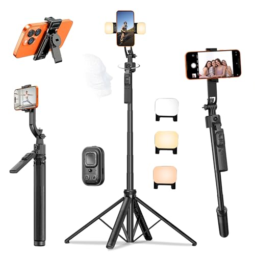 63" Tripod for iPhone with Light Remote, Detachable Phone Holder, Auto Face Tracking Tripod for Travel, Lightweight Selfie Stick Tripod for Video Recording, Compatible with Phone/Action Camera - size: Tripod With 2 Mini Square Lights