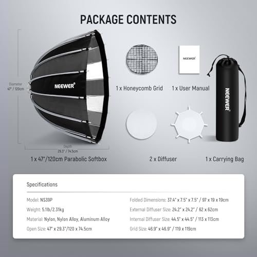 NEEWER Basics Parabolic Softbox Bowens Mount, 47" Quick Release Soft Box Light Diffuser/Grid/Bag Compatible with Godox Compatible with Aputure 600d Studio Photography Video Recording Lighting, NS39P - style: 47"/ 120cm Parabolic