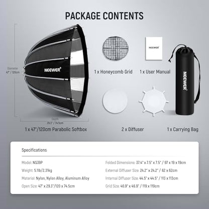 NEEWER Basics Parabolic Softbox Bowens Mount, 47" Quick Release Soft Box Light Diffuser/Grid/Bag Compatible with Godox Compatible with Aputure 600d Studio Photography Video Recording Lighting, NS39P - style: 47"/ 120cm Parabolic