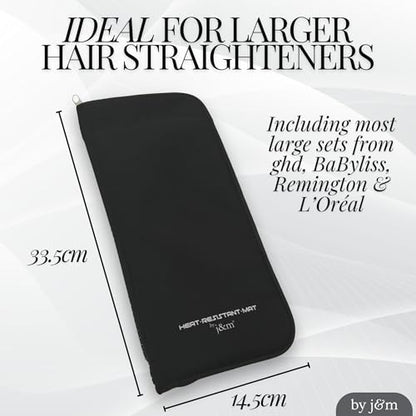 Hair Straightener Mat & Pouch by j&m - Heat Resistant - Fits ghd, BaByliss & Larger Flat Irons - Zip-Up All-in-One Compact Travel Case - size: Original Pouch & Mat
